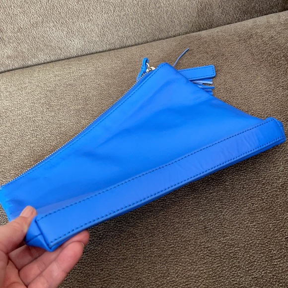 Loeffler Randall Large Blue Leather Zip Top Tassel Pouch Clutch Bag Bright Blue - Picture 5 of 8